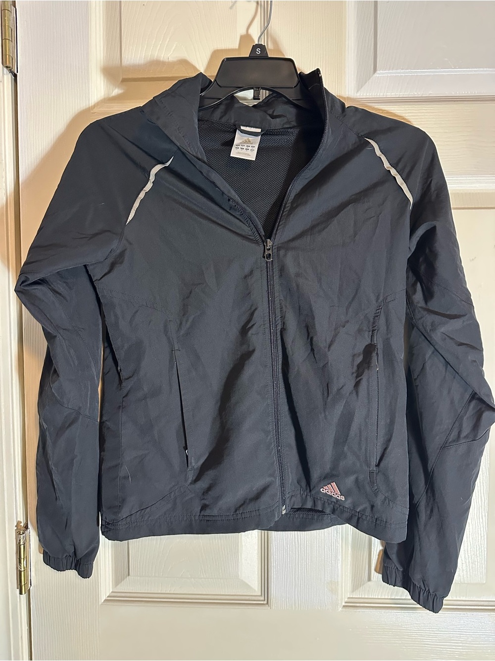 Vintage adidas Women’s Black Hooded Windbreaker with Subtle Reflective Trim
